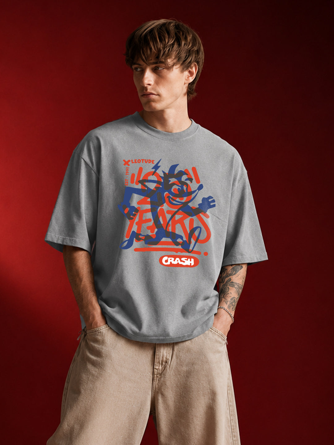Leotude Men's Crash Graffiti Printed Grey Oversized T-Shirt