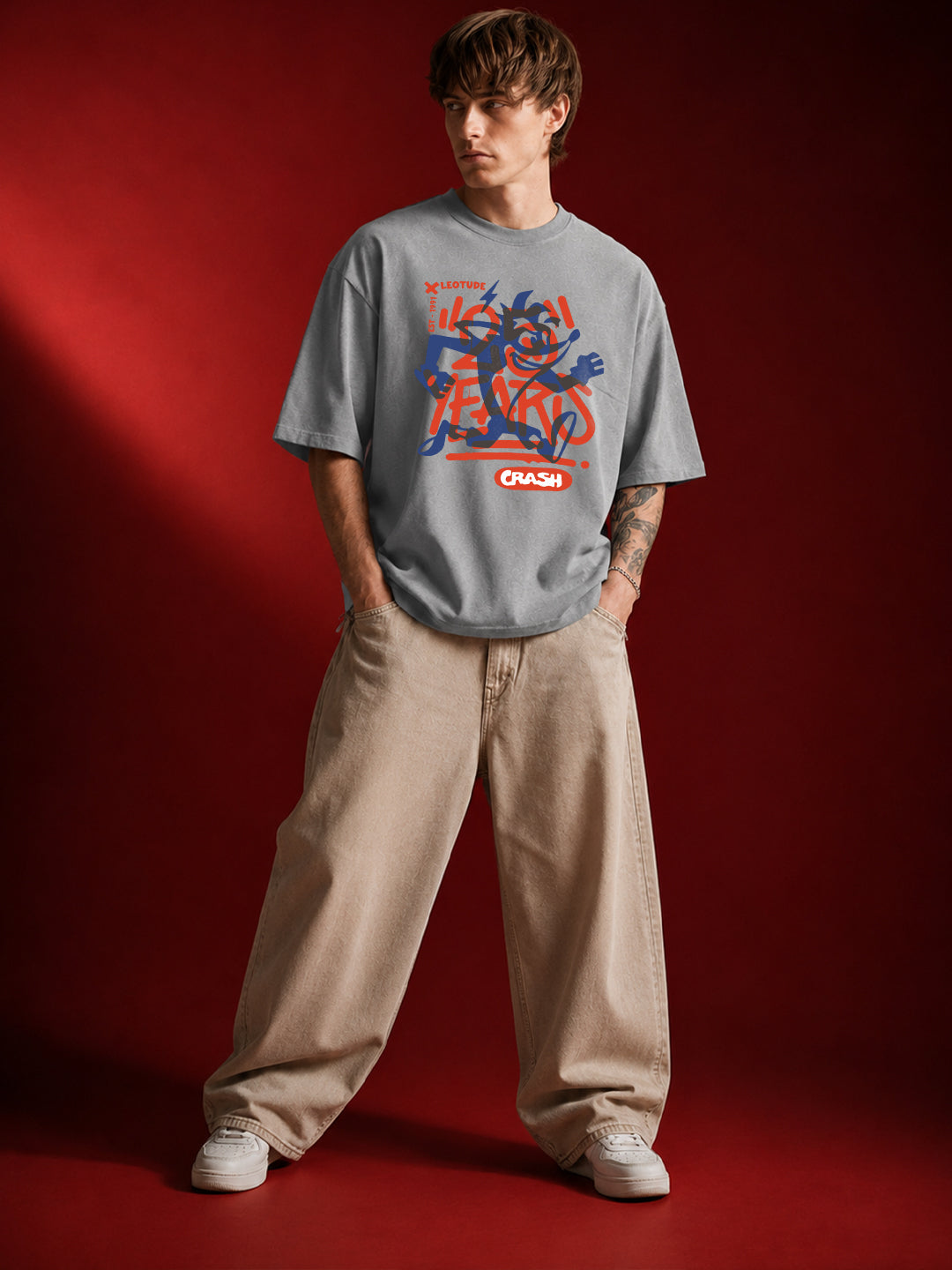 Leotude Men's Crash Graffiti Printed Grey Oversized T-Shirt
