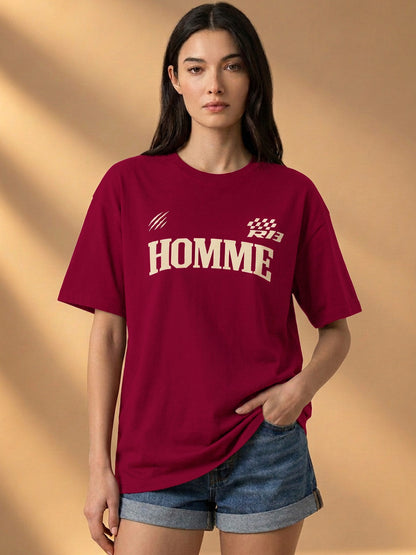 Leotude Women "Homme Motors" Maroon Oversized T-Shirt