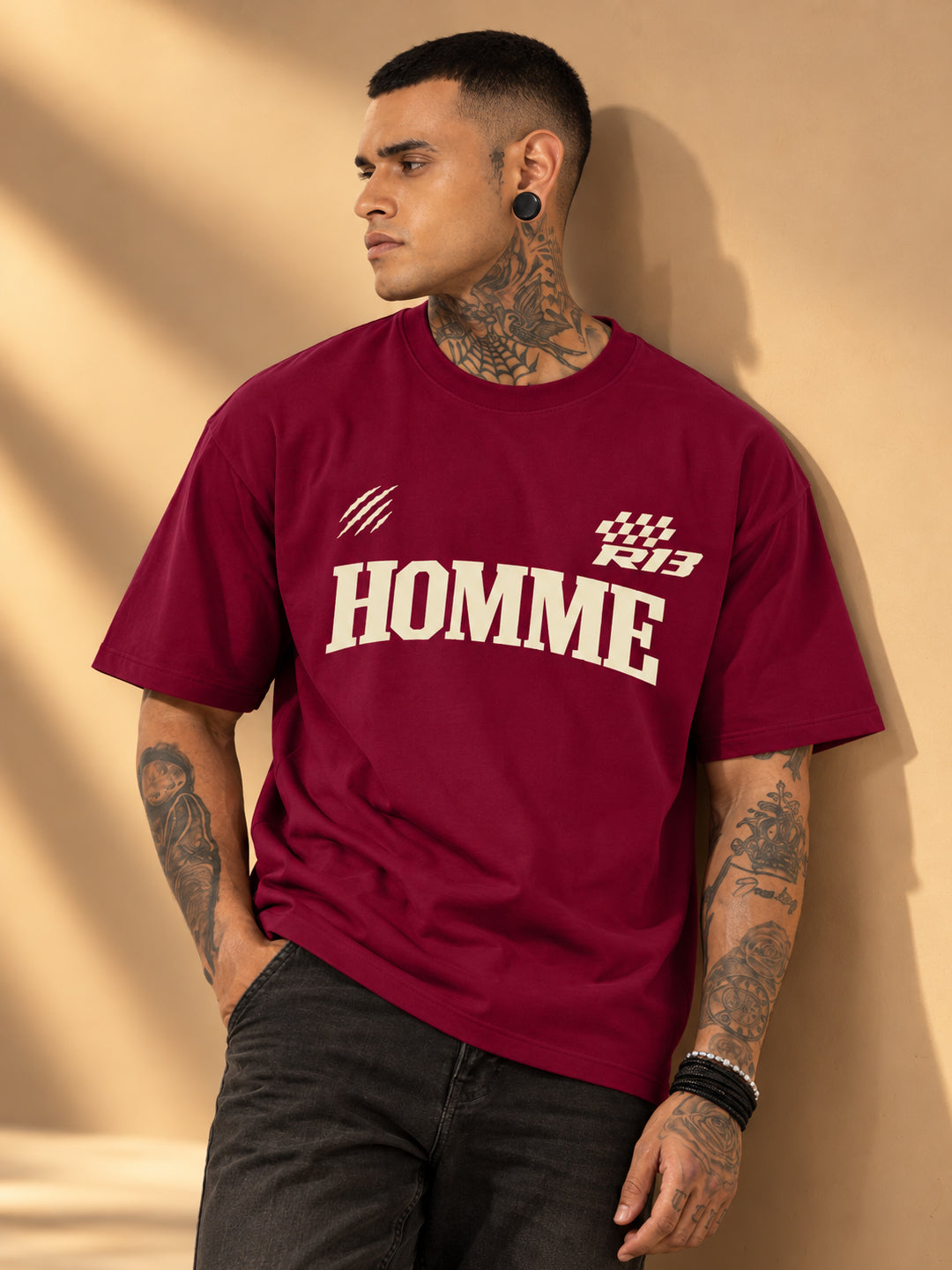 Leotude Men "Homme Motors" Maroon Oversized T-Shirt
