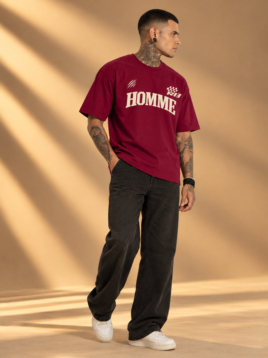 Leotude Men "Homme Motors" Maroon Oversized T-Shirt
