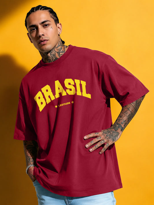 Leotude Men's "Brasil" Printed Oversized T-Shirt — Maroon Streetwear Tee