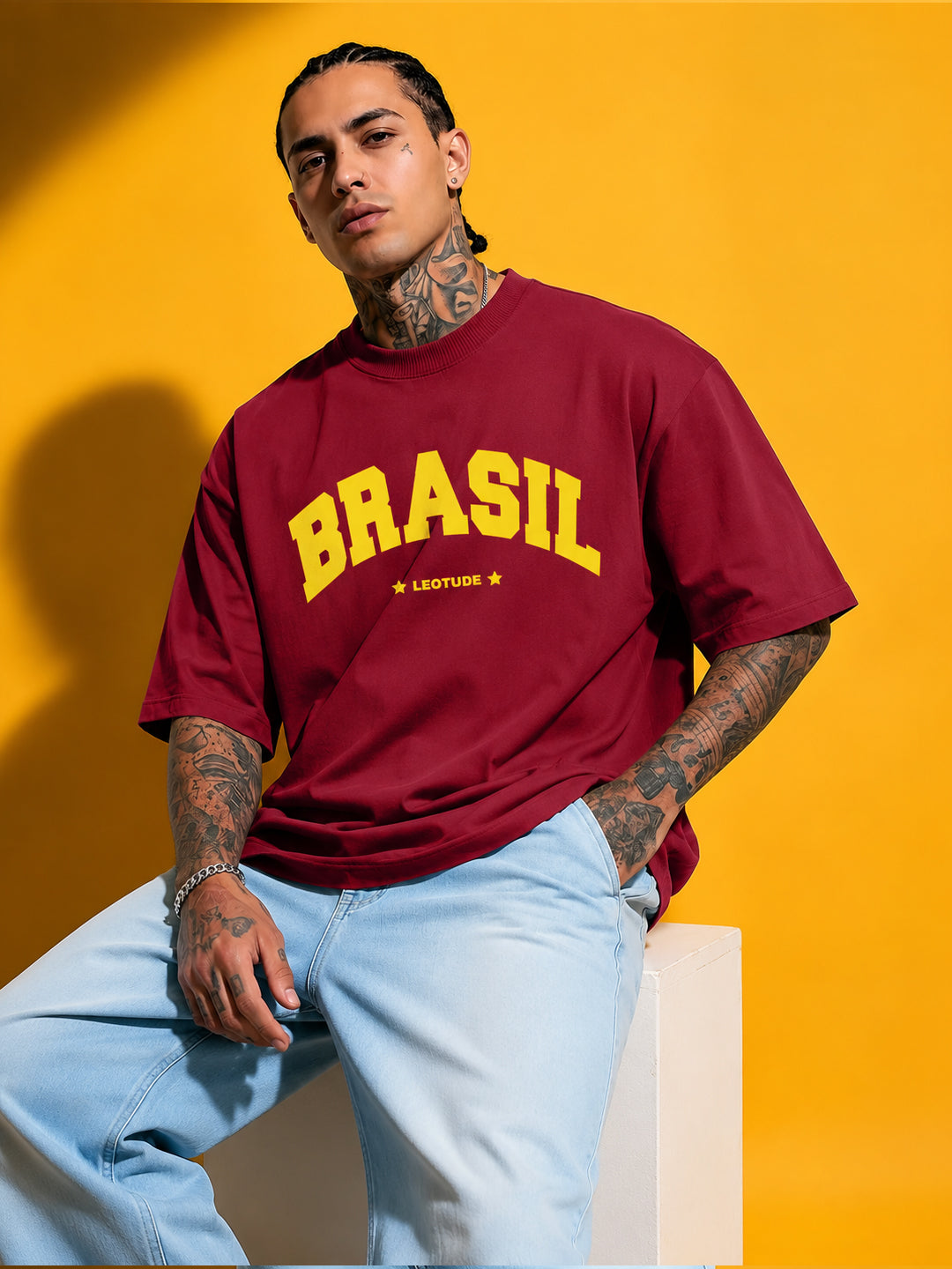 Leotude Men's "Brasil" Printed Oversized T-Shirt — Maroon Streetwear Tee