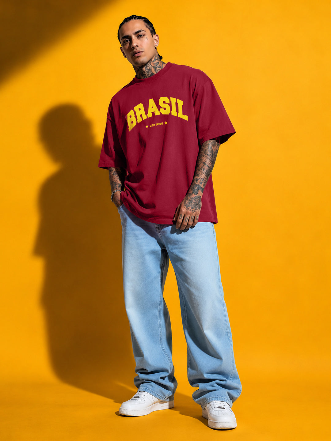 Leotude Men's "Brasil" Printed Oversized T-Shirt — Maroon Streetwear Tee