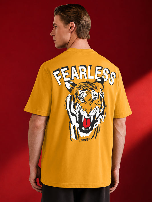 Leotude Men's "Fearless" Tiger Back Print Oversized T-Shirt — Mustard Streetwear Tee
