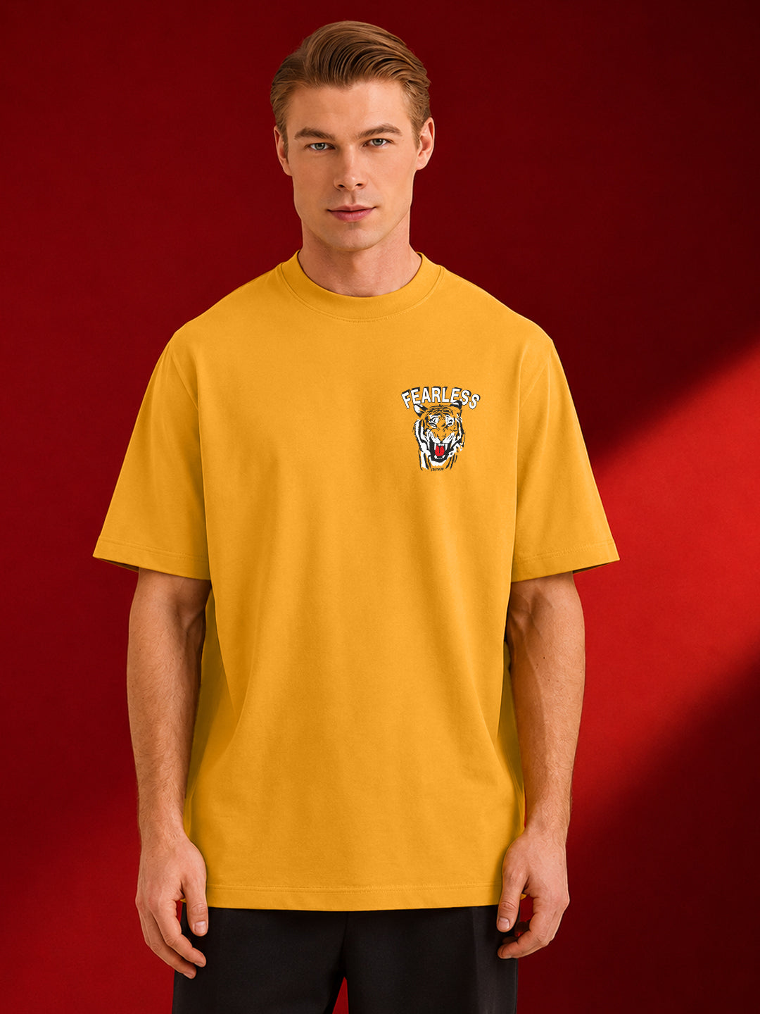 Leotude Men's "Fearless" Tiger Back Print Oversized T-Shirt — Mustard Streetwear Tee