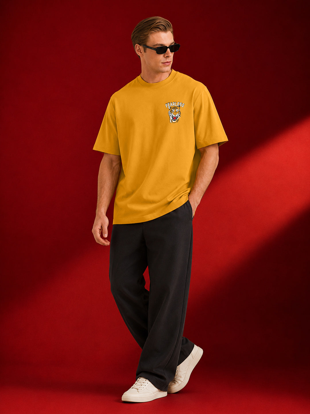 Leotude Men's "Fearless" Tiger Back Print Oversized T-Shirt — Mustard Streetwear Tee