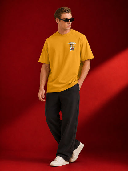 Leotude Men's "Fearless" Tiger Back Print Oversized T-Shirt — Mustard Streetwear Tee