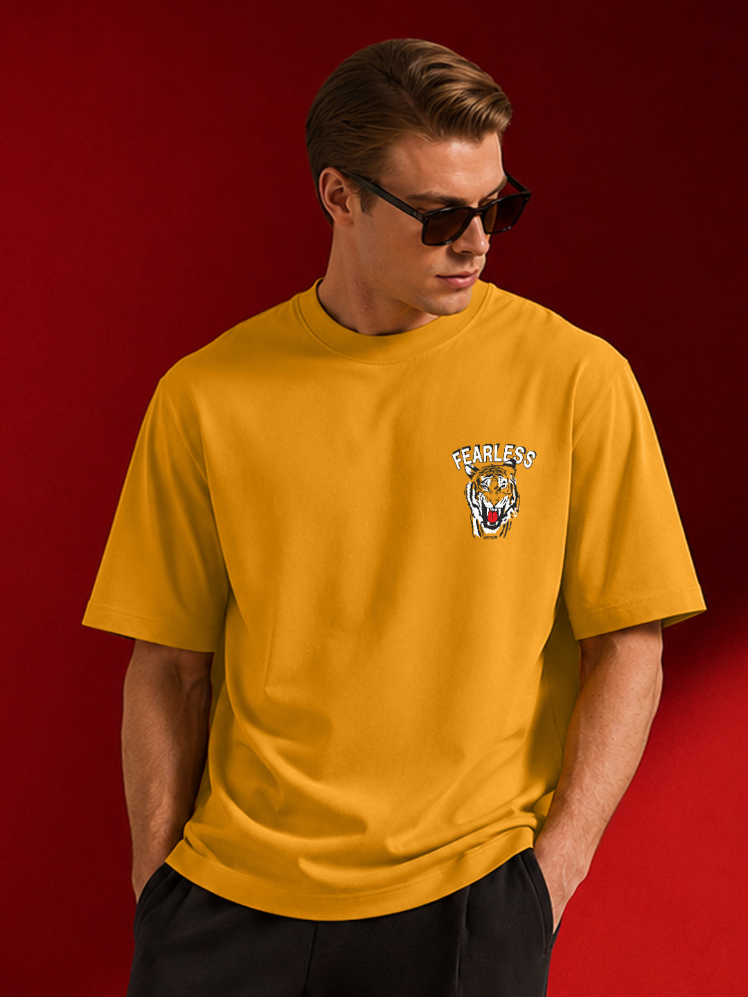 Leotude Men's "Fearless" Tiger Back Print Oversized T-Shirt — Mustard Streetwear Tee