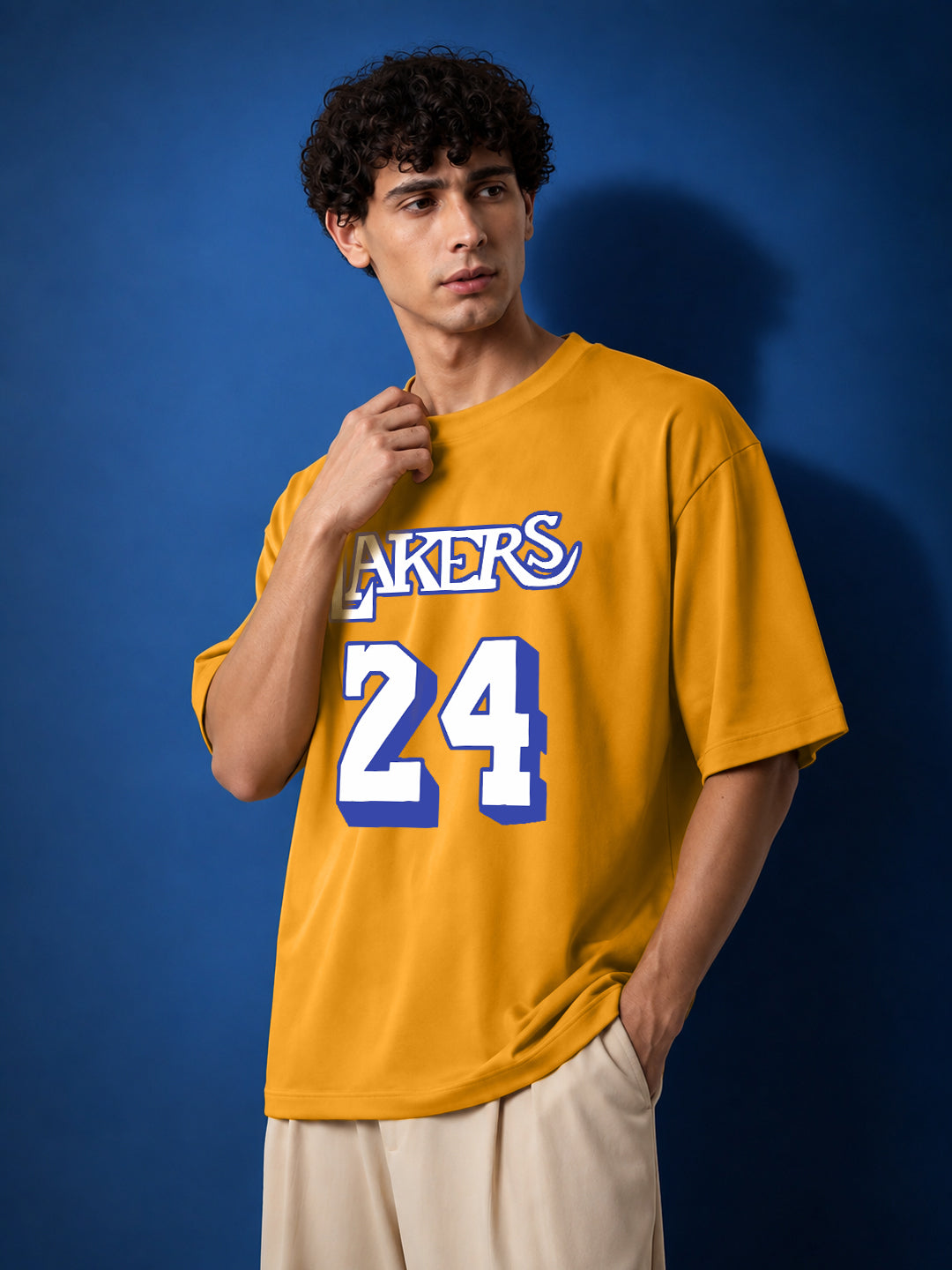 Leotude Men's Lakers 24 Sports Printed Mustard Oversized T-Shirt
