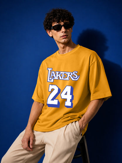 Leotude Men's Lakers 24 Sports Printed Mustard Oversized T-Shirt