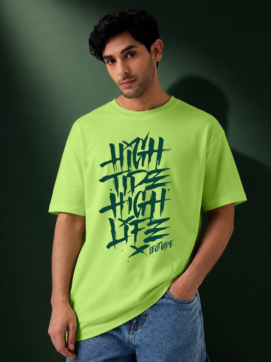 Leotude Men's "High Tide High Life" Printed Oversized T-Shirt — Neon Green Streetwear Tee