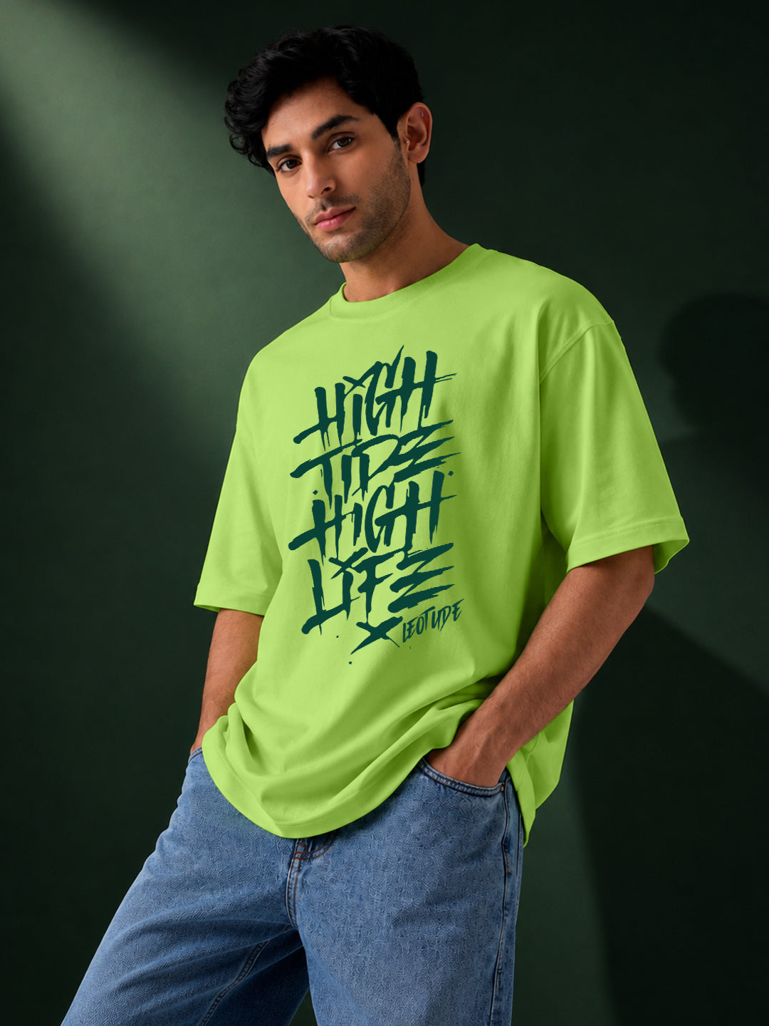 Leotude Men's "High Tide High Life" Printed Oversized T-Shirt — Neon Green Streetwear Tee