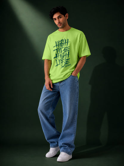 Leotude Men's "High Tide High Life" Printed Oversized T-Shirt — Neon Green Streetwear Tee