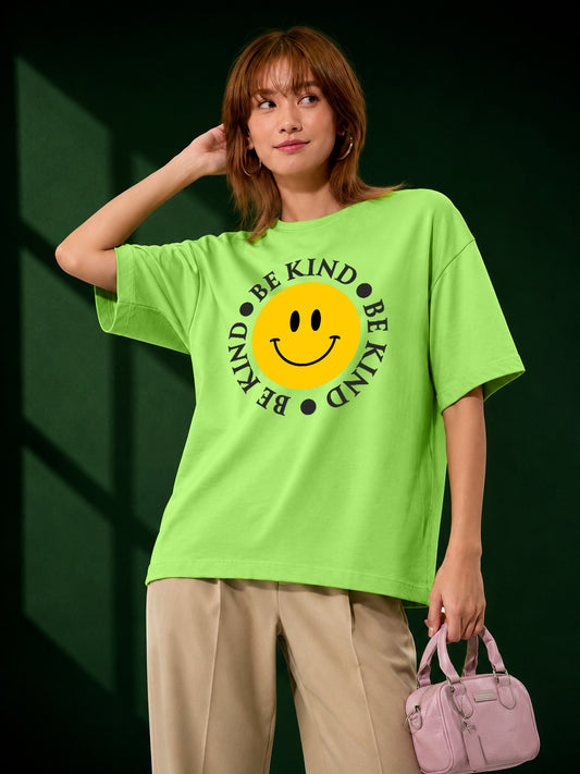 Leotude Neon Green Smile Printed Oversized Tshirt for Women