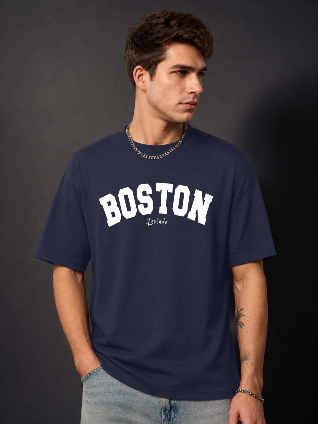 Leotude Men's "Boston" Printed Oversized T-Shirt — Navy Streetwear Tee