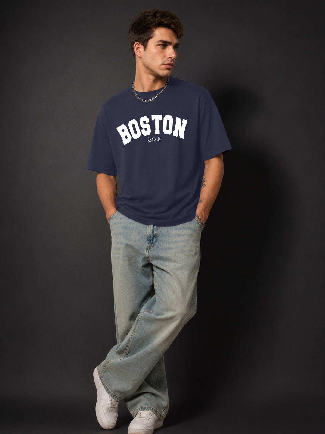 Leotude Men's "Boston" Printed Oversized T-Shirt — Navy Streetwear Tee