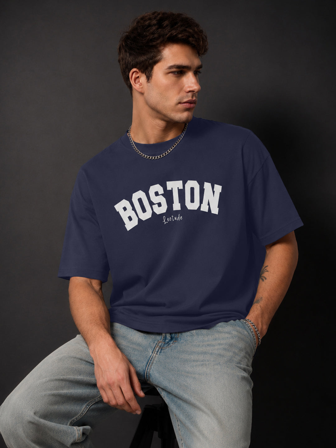 Leotude Men's "Boston" Printed Oversized T-Shirt — Navy Streetwear Tee