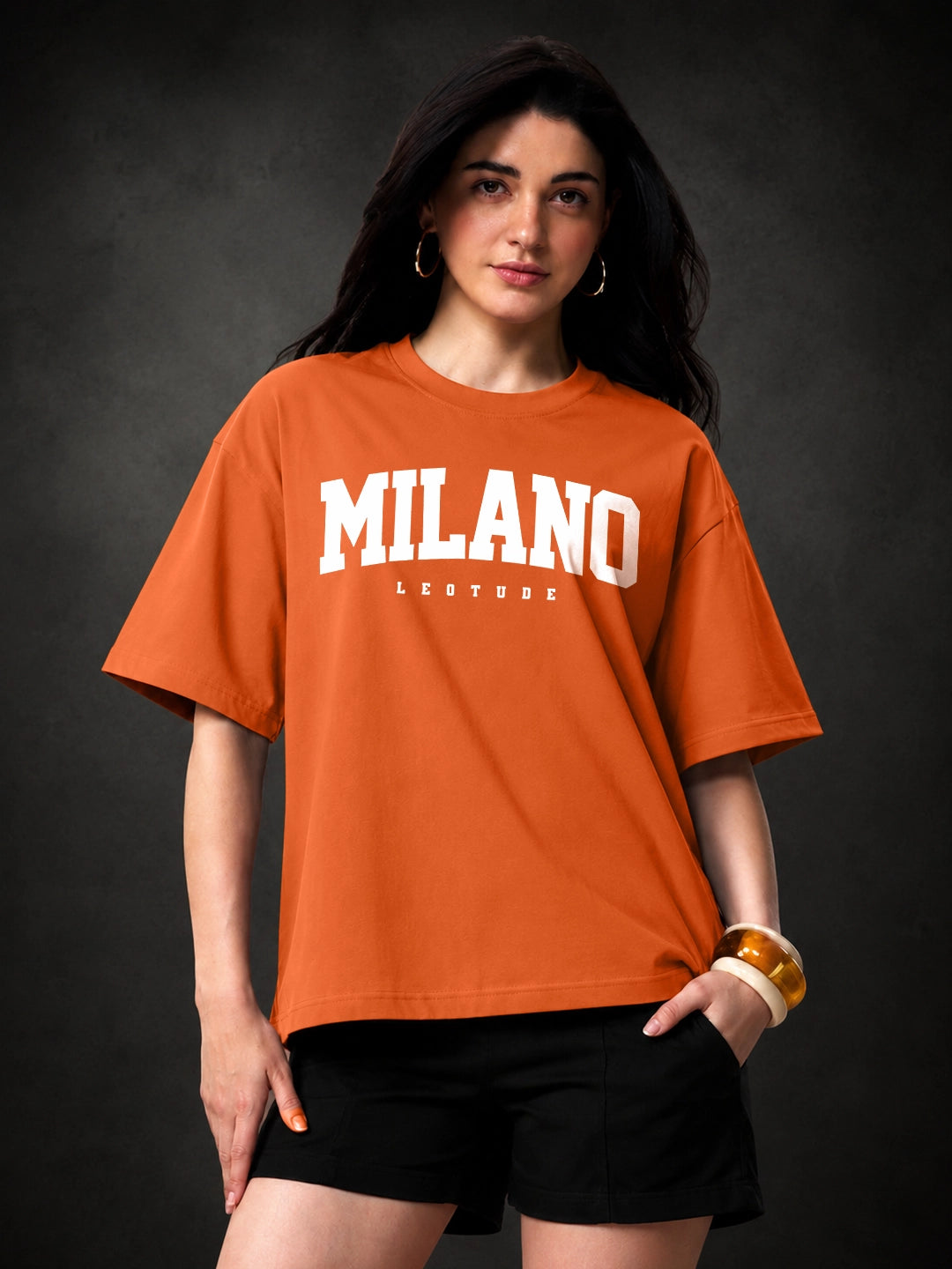 Leotude Orange Milano Printed Oversized Tshirt for Women