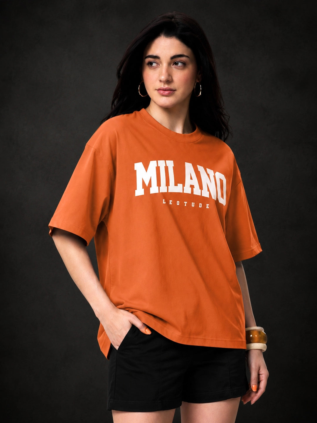 Leotude Orange Milano Printed Oversized Tshirt for Women
