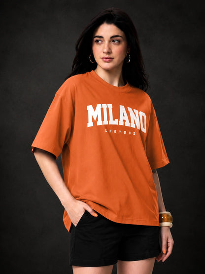 Leotude Orange Milano Printed Oversized Tshirt for Women