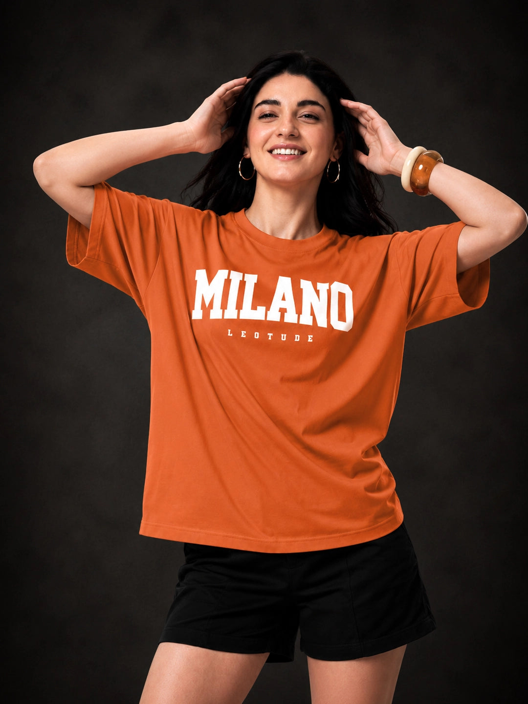 Leotude Orange Milano Printed Oversized Tshirt for Women
