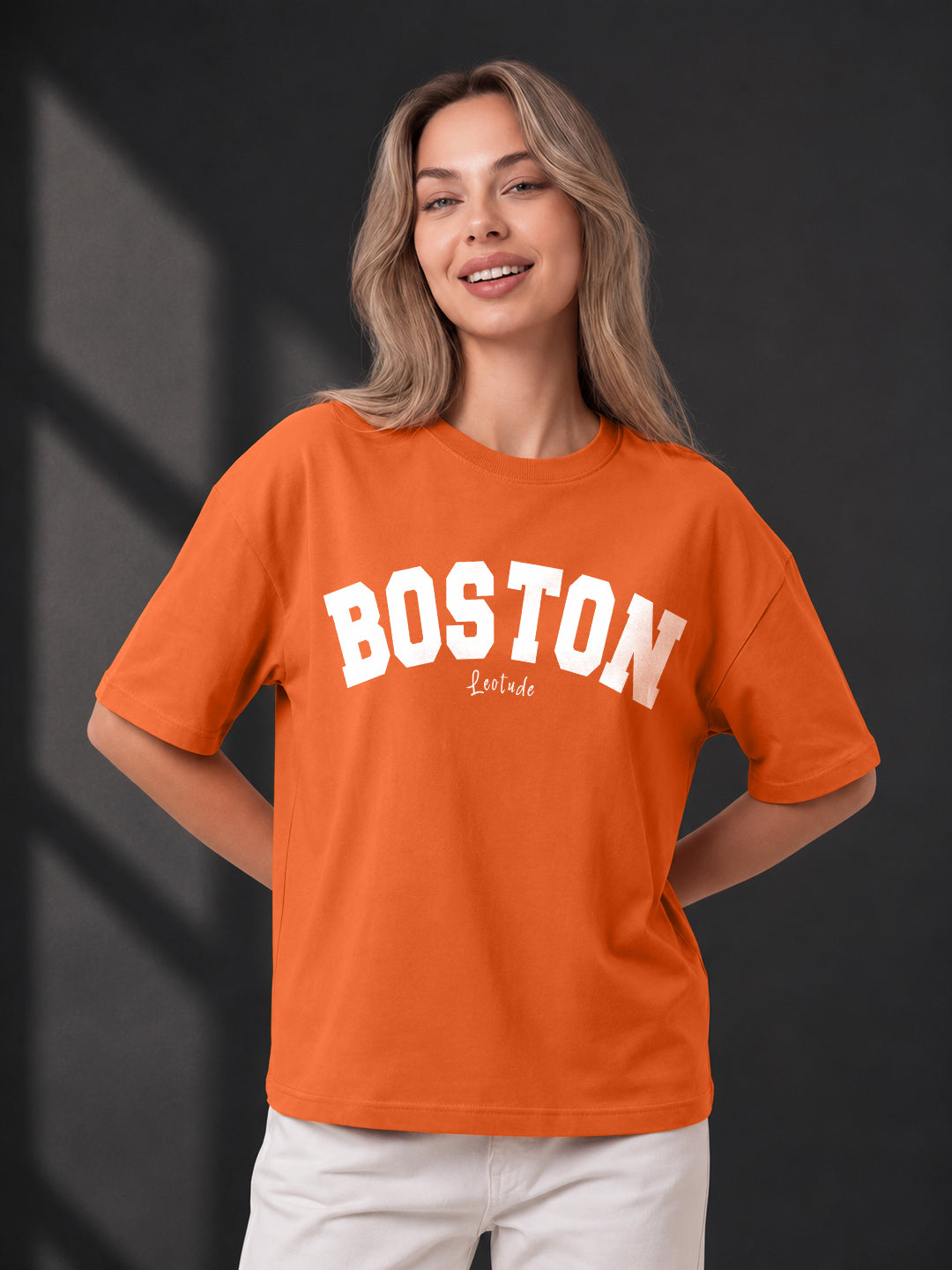 Leotude Orange Boston Printed Oversized Tshirt for Women