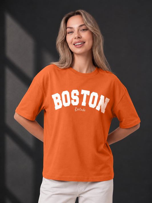 Leotude Orange Boston Printed Oversized Tshirt for Women