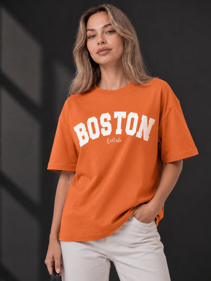 Leotude Orange Boston Printed Oversized Tshirt for Women