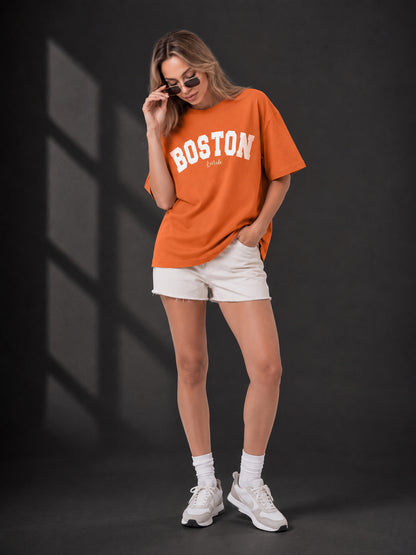 Leotude Orange Boston Printed Oversized Tshirt for Women