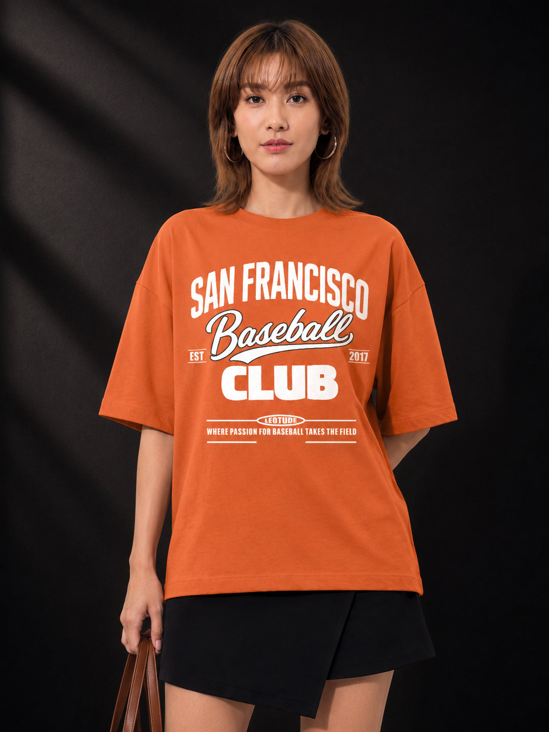 Leotude Orange Francisco Printed Oversized Tshirt for Women