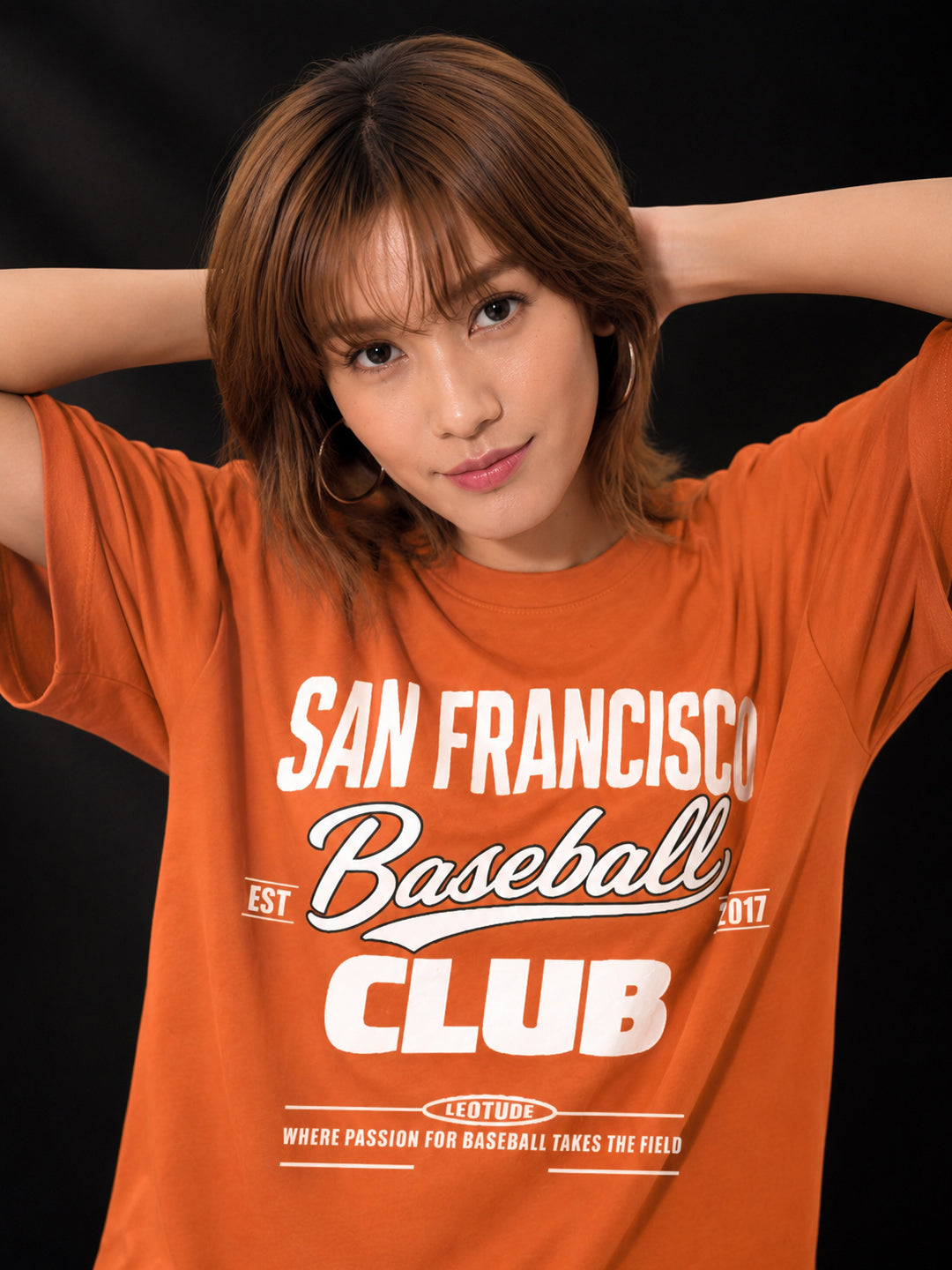 Leotude Orange Francisco Printed Oversized Tshirt for Women