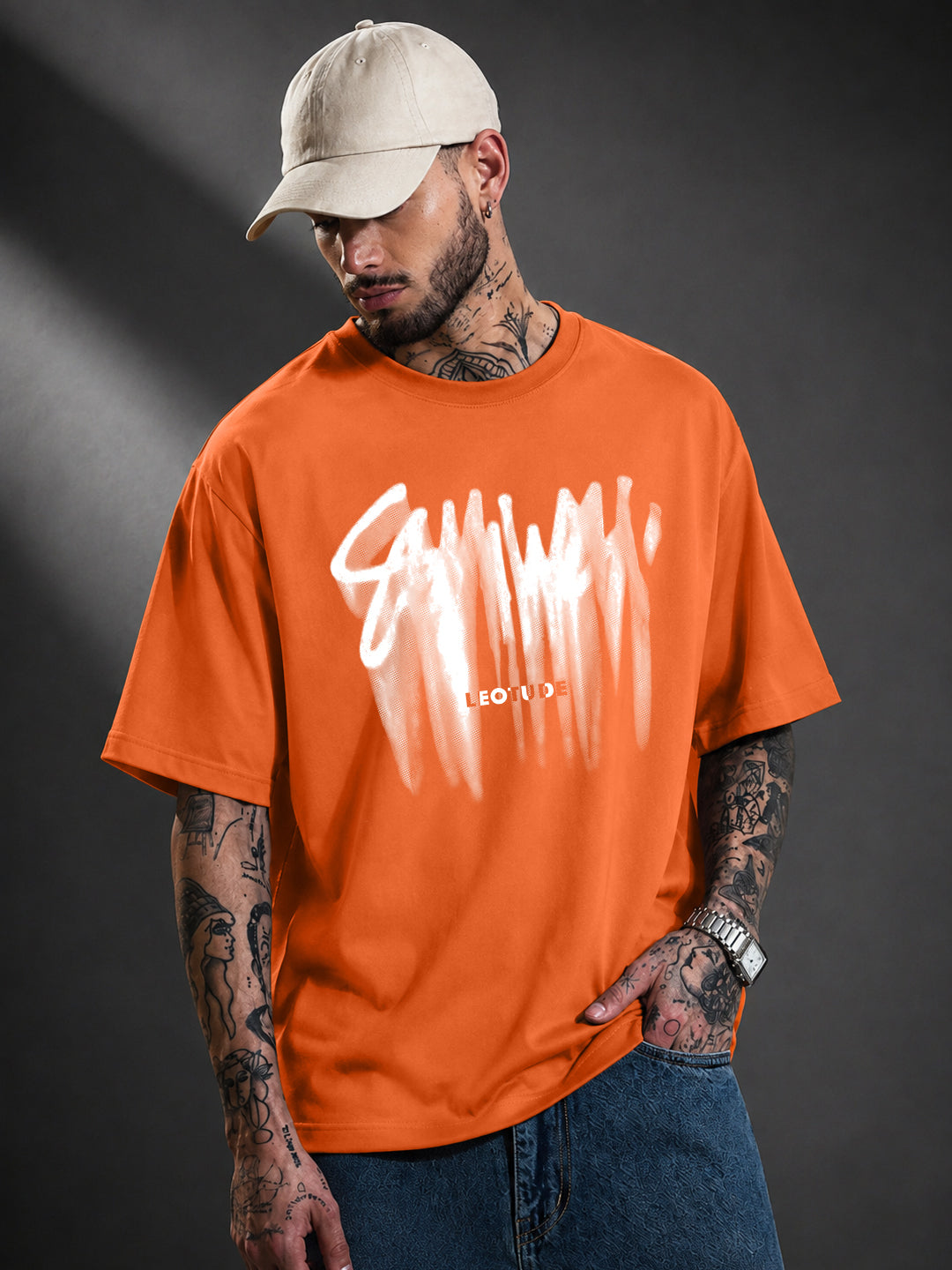 Leotude Men's "Someone" Printed Oversized T-Shirt — Orange Streetwear Tee