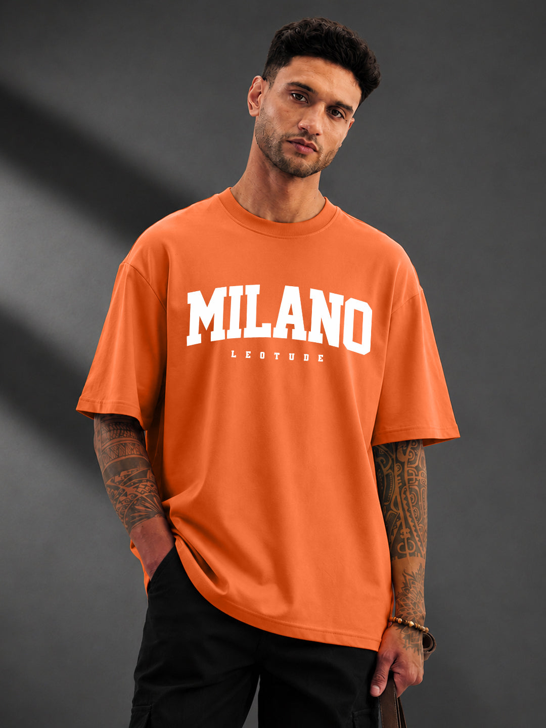 Leotude Men's "Milano" Printed Oversized T-Shirt — Orange Streetwear Tee