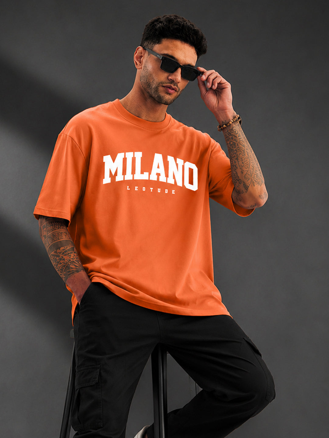 Leotude Men's "Milano" Printed Oversized T-Shirt — Orange Streetwear Tee