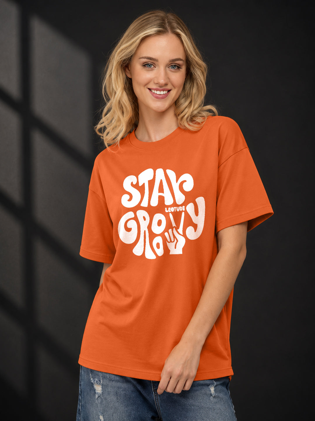 Leotude Orange Stay Groovy Printed Oversized Tshirt for Women
