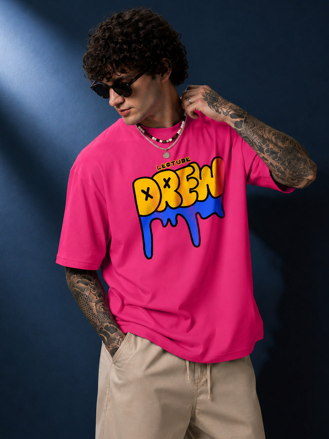 Leotude Men's "Drew" Printed Oversized T-Shirt — Pink Streetwear Tee