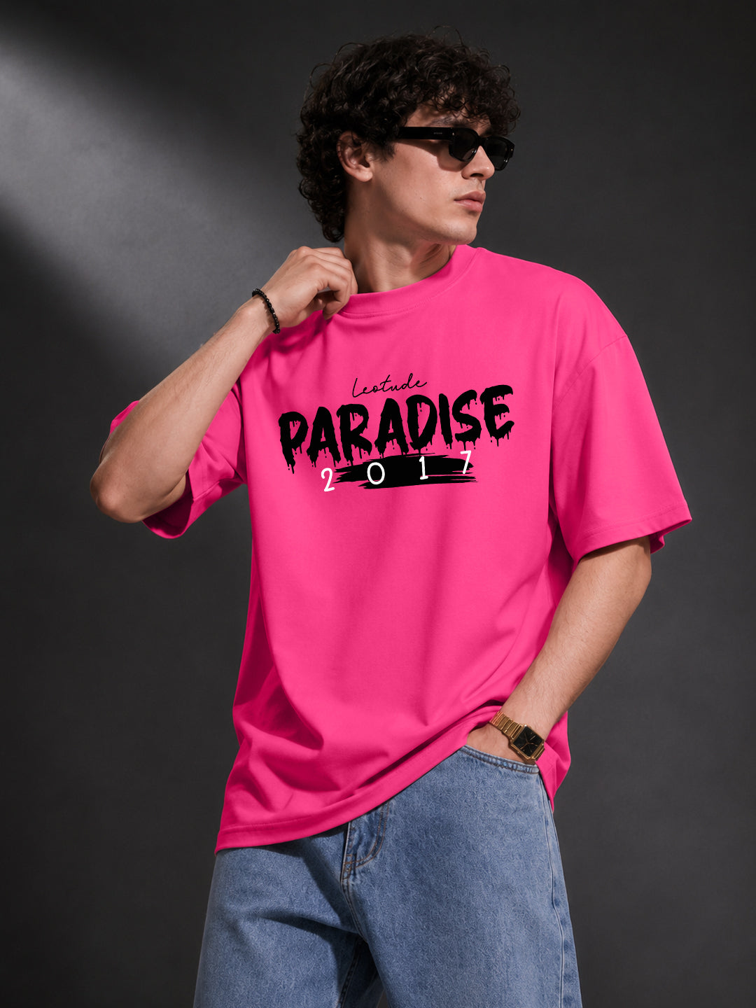 Leotude Men "Paradise 2017" Printed Oversized T-Shirt — Pink Streetwear Tee