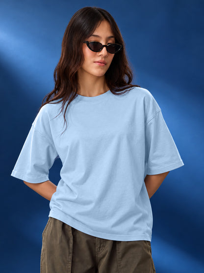 Leotude Oversized Plain T-Shirt — Women's Solid Cotton Drop-Shoulder Tee - Sky Blue