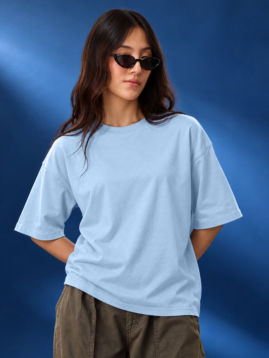 Leotude Oversized Plain T-Shirt — Women's Solid Cotton Drop-Shoulder Tee - Sky Blue