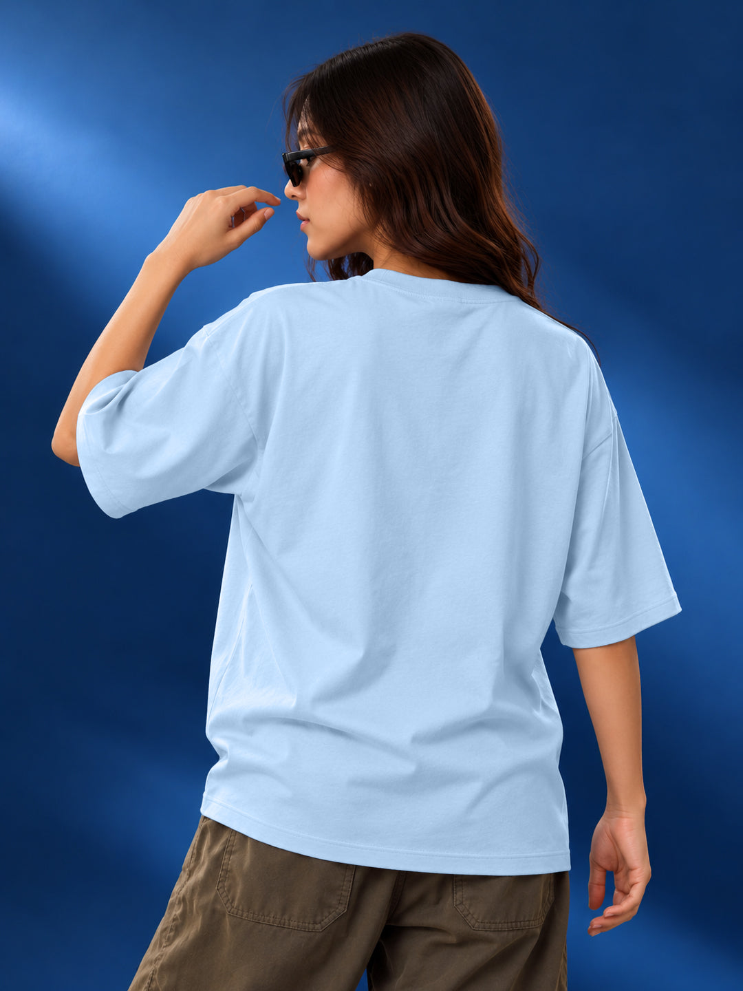 Leotude Oversized Plain T-Shirt — Women's Solid Cotton Drop-Shoulder Tee - Sky Blue