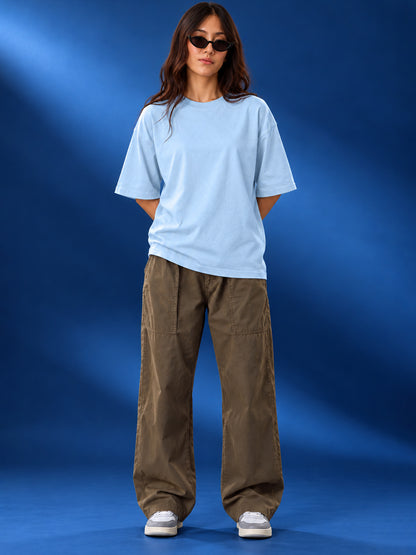 Leotude Oversized Plain T-Shirt — Women's Solid Cotton Drop-Shoulder Tee - Sky Blue