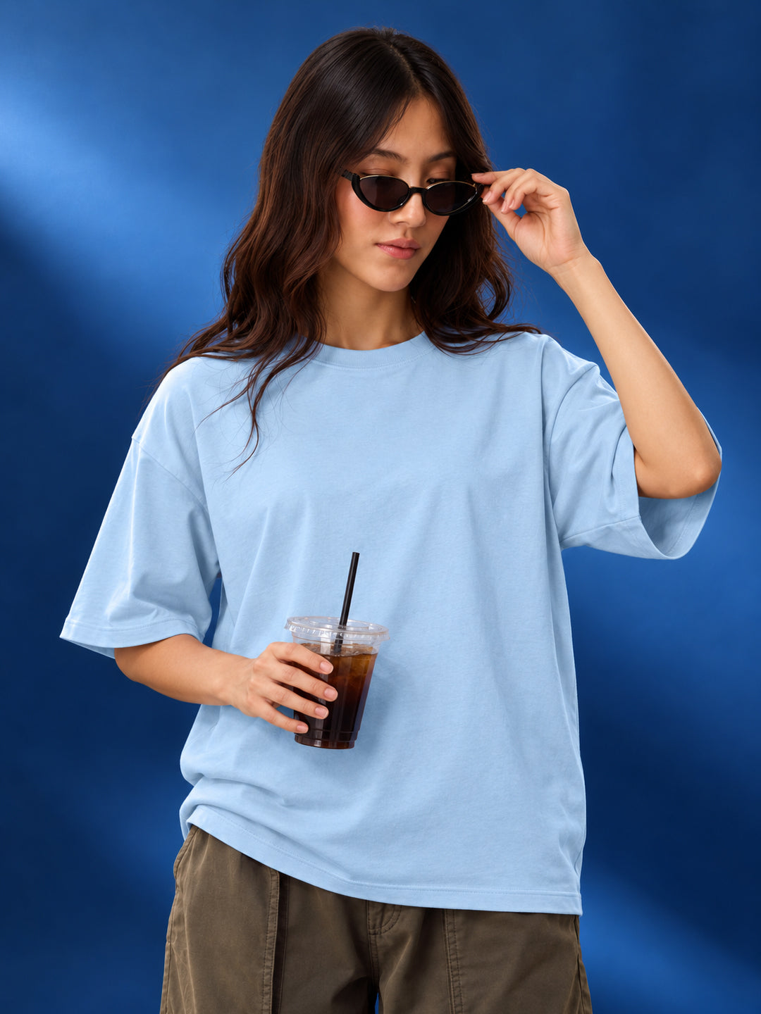 Leotude Oversized Plain T-Shirt — Women's Solid Cotton Drop-Shoulder Tee - Sky Blue