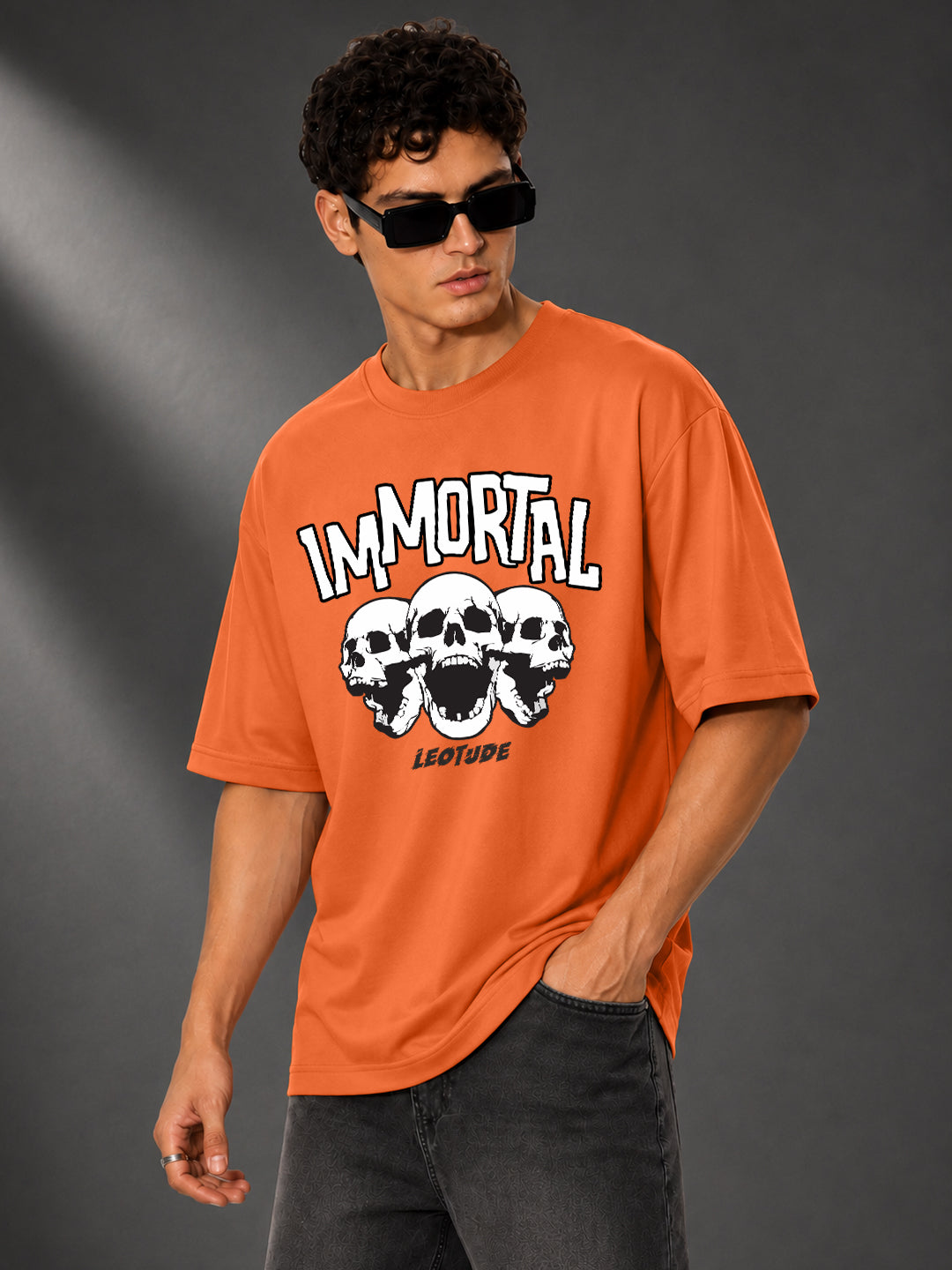 Leotude Men's "Immortal" Skull Print Oversized T-Shirt — Orange Streetwear Tee