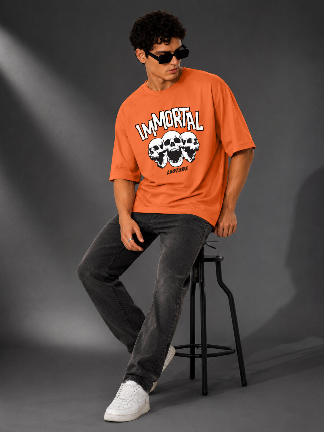Leotude Men's "Immortal" Skull Print Oversized T-Shirt — Orange Streetwear Tee