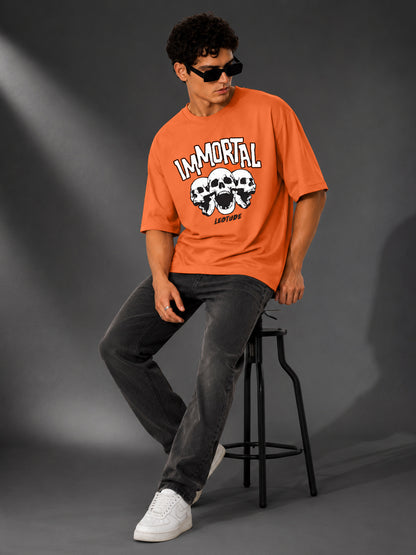 Leotude Men's "Immortal" Skull Print Oversized T-Shirt — Orange Streetwear Tee