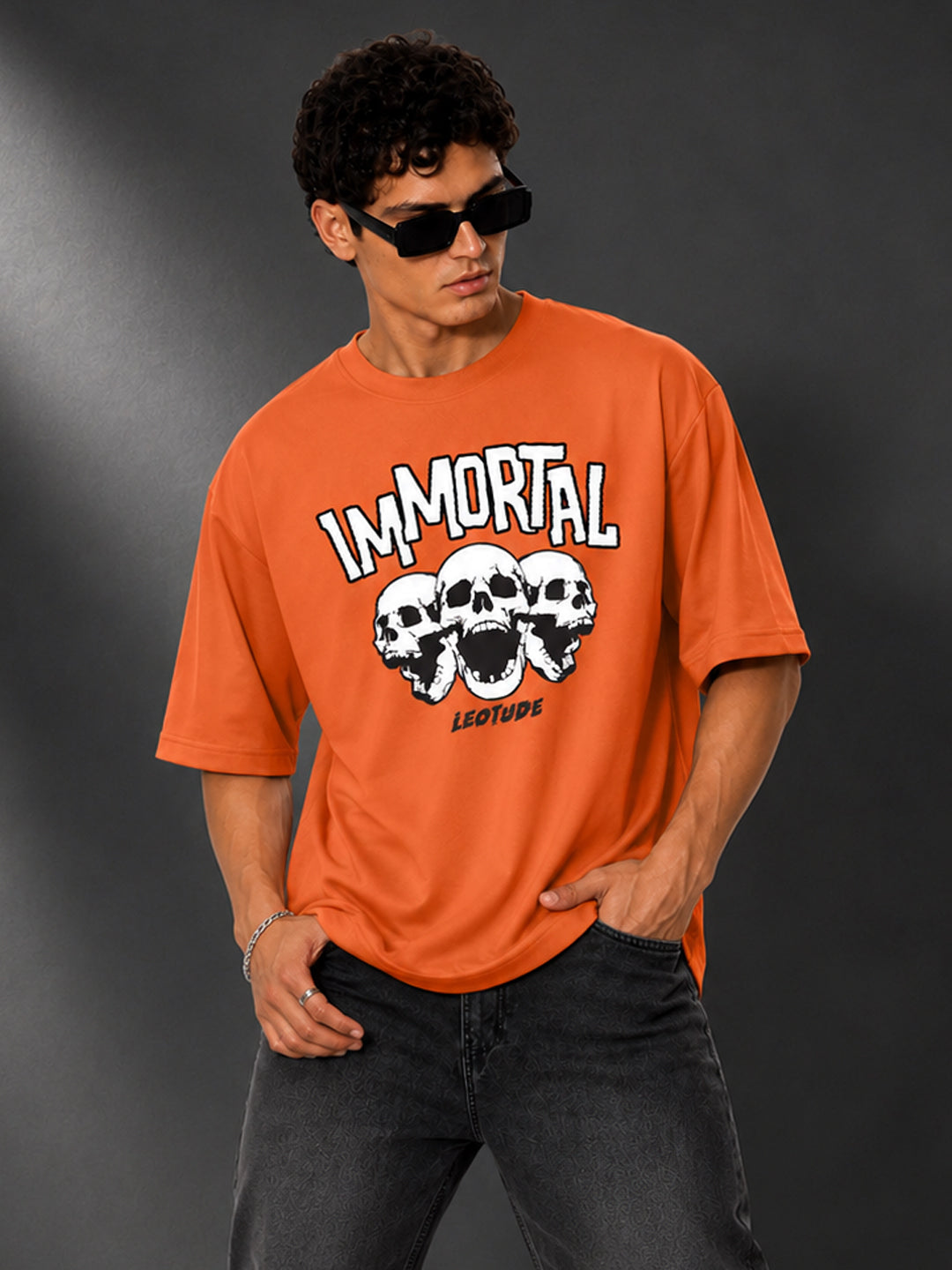 Leotude Men's "Immortal" Skull Print Oversized T-Shirt — Orange Streetwear Tee