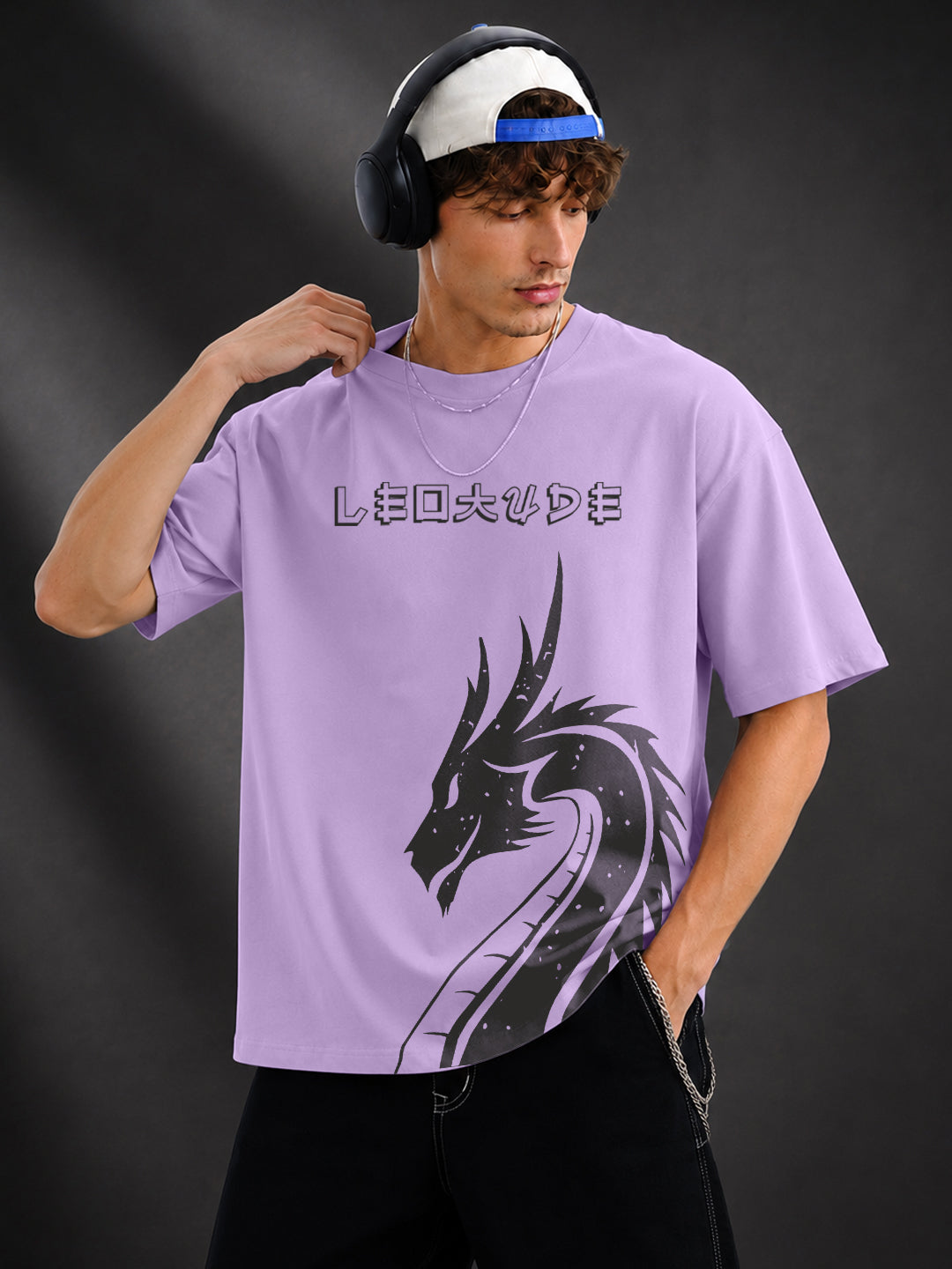 Leotude Men's "Dragon" Printed Oversized T-Shirt — Purple Streetwear Tee