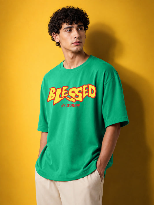 Leotude Men's "Blessed" Printed Oversized T-Shirt — Green Streetwear Tee