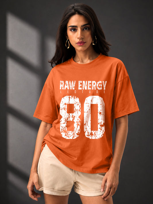 Leotude Orange Raw Energy Printed Oversized Tshirt for Women
